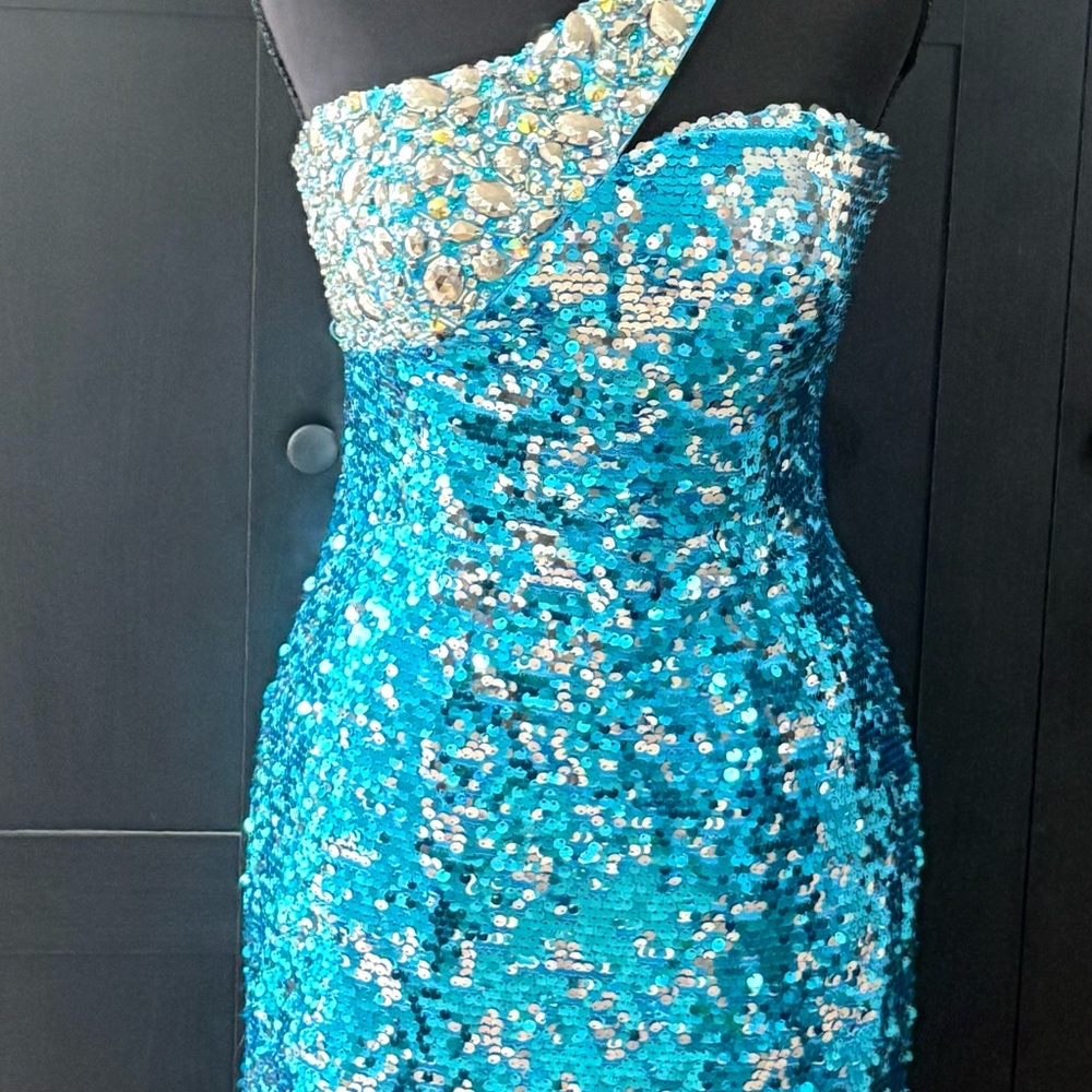 Tony Bowls Blue Sequin One-Shoulder Gown